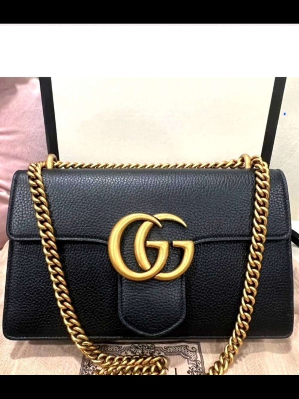 Gucci Large Black Leather GG Marmont Calfskin Shoulder Bag with Gold Chain